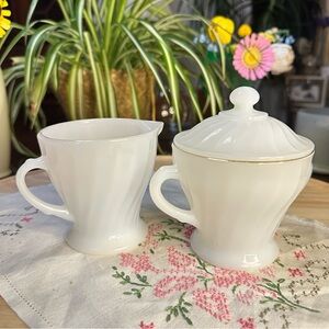 Fire King Golden Shell Milk Glass Sugar & Creamer Set w/ Lid